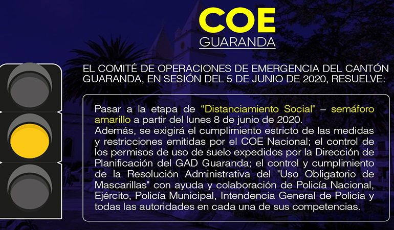 GUARANDA PASA A SEMÁFORO AMARILLO DESDE EL 8 DE JUNIO DE 2020