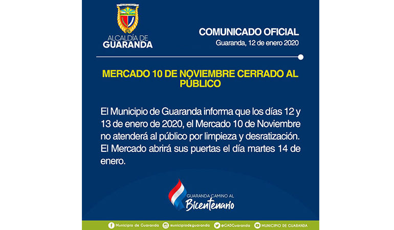 MERCADO 10 DE NOVIEMBRE CERRADO POR  LIMPIEZA Y DESRATIZACIÓN